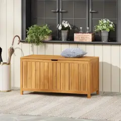 Outdoor Patio Deck Box, 100 Gallon Acacia Wood Garden Storage Box with Easy Open Lid, Teak Finish, Easy Open Lid &ndash; Koiai