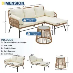 Modern L-Shaped Rattan Patio Set - Detachable Lounger, Tempered Glass Table & All-Weather Cushions for Poolside/Balcony