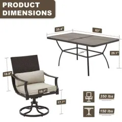 EROMMY 7 Piece Outdoor Patio Dining Set, Large Rectangular Dining Table (1.96'' Umbrella Hole) And 6 Swivel Dining Chairs With Lumbar Pillow