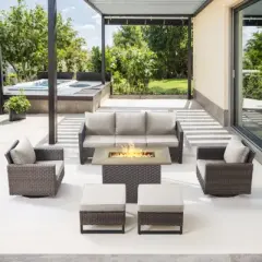POCASSY 6PCS Patio Furniture Set with Fire Pit Table, All Weather Brown Wicker Patio Fire Pit Set with Swivel Patio Chairs and 41" Propane Fire Pit