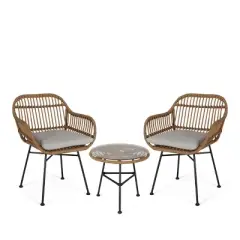 Christopher Knight Home Lehrman Outdoor Wicker and Tempered Glass 3 Piece Chat Set with Cushion