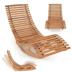 Costway Outdoor Chaise Lounge with High Back Slatted Seat Stopper Outside Wood Rocker