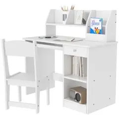 Yinvani Light Grey Wooden Kids Desk and Chair Set with Storage