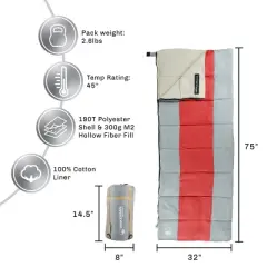 Leisure Sports Lightweight Sleeping Bag With Carrying Bag - Red/Gray