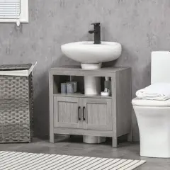 kleankin Pedestal Sink Storage Cabinet, Bathroom Under Sink Cabinet with 2 Doors and Open Shelf, Bathroom Vanity, Gray