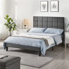 Yaheetech Upholstered Platform Bed Frame with Tufted Height Adjustable Headboard