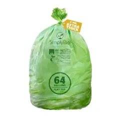 Simply Bio 64 Gallon Compostable Trash Bags Flat-Top, Heavy Duty Extra Thick 2 Mil, 242.27 Liter, 12 Bags, Large Lawn and Yard Waste Bag