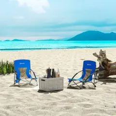 Outsunny Set of 2 Folding Beach Chair, Beach Chairs with Mesh Back, Carry Bag and Cup Holder for Outdoor Camping Lawn Sports Picnic, Dark Blue