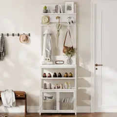 31.5" Hall Tree Entryway Table with Coat Rack, Console Table with 2-Tier Storage Shelves, Shoe Rack Organizer, 7 Hooks & Mesh Cabinet for Foyer/Door