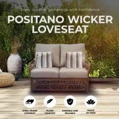 Four Seasons Courtyard Positano Wicker Loveseat Outdoor Bench Seating Furniture with Acrylic Plush Comfortable Lounge Cushions and 2 Accent Pillows