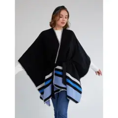 Shiraleah Black and Blue Twila Belted Cape Wrap
