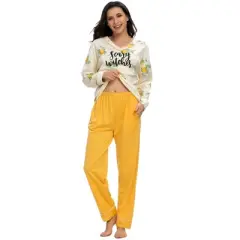 cheibear Womens Sleepwear Cute Print V-Neck Nightwear with Pants Loungewear Pajama Set