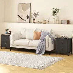 Tangkula 2PCS Modern Nightstand w/ Storage 2 Drawers & Support Legs for Bedroom Black