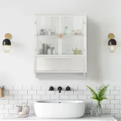 23.62" Glass Door Wall Cabinet with 2-Tier Enclosed Storage, Open Shelves and Towel Rack, White - ModernLuxe