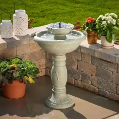 Smart Solar 32.25" Country Gardens intelliSOLAR 2-Tiered Fountain with Remote - Weathered Stone