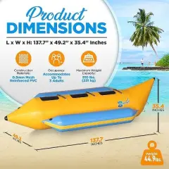 SereneLife Person Inflatable Banana Boat, Includes Storage Bag, Foot Pump, and Repair Kit, Tough and Thick, Reinforced Seats and Foot Areas