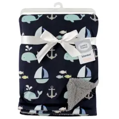 Luvable Friends Baby Boy Plush Blanket with Faux Shearling Back, Ocean, One Size