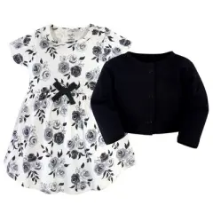 Touched by Nature Baby and Toddler Girl Organic Cotton Dress and Cardigan 2pc Set, Black Floral