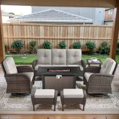 POCASSY 7 Piece Outdoor Patio Furniture Set with Fire Pit Table, Brown Rattan Wicker Modern Patio Furniture Set with Propane Fire Pit