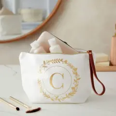 Gold Initial C Personalized Makeup Bag for Women, Monogrammed Canvas Cosmetic Pouch (White, 10 x 3 x 6 In)