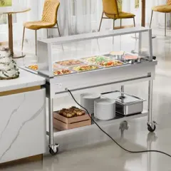 VEVOR Commercial Food Warmer,5 Pans+2 Pots Electric Steam Table,1800W Buffet Catering Food Warmer with Shield Undershelf Wheels,Stainless Steel,Silver