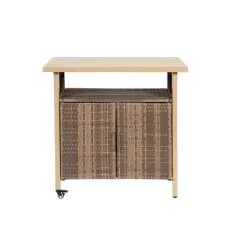 Outdoor Wicker Bar Cart, Bar Cart Outdoor With Wheels , Rolling Rattan Beverage Bar Counter Table Glass Top-Cuddlewood