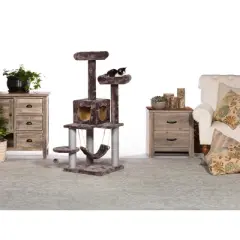 Prevue Pet Products Kitty Power Paws Plush Party Tower Gray, 52 inch Tall, 7310