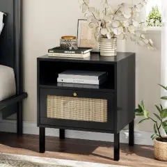 Angel Sar Rattan Nightstands Set of 2, Accent End Table, Boho Bedside Table with 1 Hand Made Decorated Door for Living Room, Bedroom