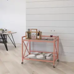 Merrick Lane Rolling Bar Cart Contemporary Kitchen Serving Cart with Mirrored Bottom Shelf and Crisscross Rose Gold Metal Frame