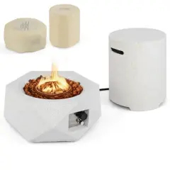 Costway 28" Hexagon Terrazzo Propane Gas Fire Pit Table Set with Hideaway Tank Holder