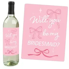 Big Dot of Happiness Pink Bows Will You Be My Bridesmaid Wine Bottle Label Stickers, Tying the Knot Bridesmaid Proposal Labels, Bridal Gift - Set of 4