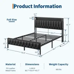 Full Size Bed Frame, Button Headboard with Charging Station, All-Metal Full Platform Bed Frame with Storage, No Box Spring Needed, Black