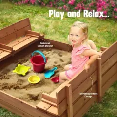 Large Wooden Kids Sandbox with Lid - Outdoor Sand Box with Cover for Sand Protection, Foldable Bench Seats, and Bottom Liner Play22usa