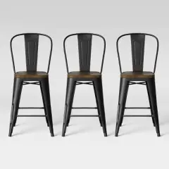 Set of 3 Carlisle Backed Counter Height Barstool with Wood Seat Matte Black - Threshold&trade;