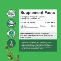 Yeast Free Selenium 200mcg Capsules, High Potency Selenium for Immunity Antioxidant & Thyroid Support Trace Mineral, Nature's Craft, 100ct