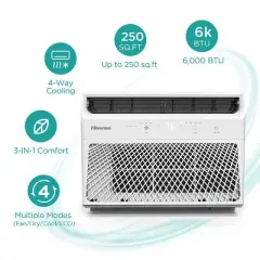 Hisense 6000 BTU Window Air Conditioner with Remote Control: 4-Way Air Direction, 3 Speeds, 200-500 sq. ft. Coverage