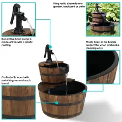 Sunnydaze Electric Fir Wood 2-Tier Farmhouse Barrel with Metal Decorative Hand Pump Outdoor Water Fountain