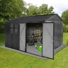 Janey Metal Outdoor Storage Box, Patio Storage Shed with 2 Lockable Doors and Foundation Base, Outdoor Furniture - Maison Boucle