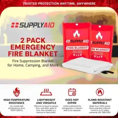 SupplyAID 2 Pack Emergency Fire Blankets for Home Essentials, Camping Gear, and Safety Supplies, 40 x 40 Inches, Fiberglass, White, RRS-FSB