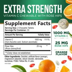 Chewable Vitamin C 1000mg - Extra Strength Antioxidants for Powerful Immune Support w/Vitamin C & Rose HIPS - Potent Dietary VIT C Chews - 60 Tablets