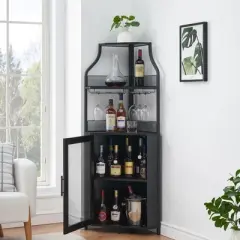 TROPOW Corner Bar Rack Cabinet with Detachable Wine Rack, Bar Cabinet with Glass Holder, Small Sideboard and Buffet Cabinet with Mesh Door