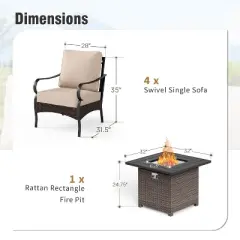 Captiva Designs 6pc Extra Large Metal and Rattan Outdoor Patio Fire Pit Set with Armchairs and Ottomans