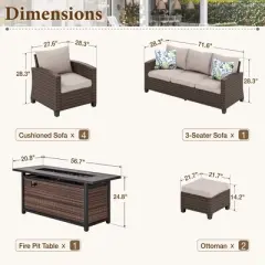 Captiva Designs 8pc Outdoor Patio Wicker Rattan Cushioned Fire Pit Set with Ottomans and Single Sofas