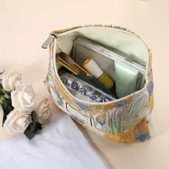 Unique Bargains Women's Floral Zipper Makeup Bags and Organizers Orange Beige