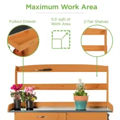 Best Choice Products Outdoor Garden Wooden Potting Bench Station w/ Metal Table Top, Pre-Stained Finish, Cabinet - Brown