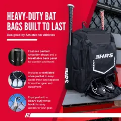 Hit Run Steal Bat Bag Backpack with Ventilated Shoe Pocket, Heavy Duty Fence Hook, and Padded Straps, Holds 4 Bats, Glove, Helmet, Cleats