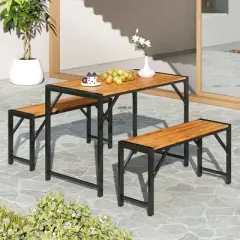 Tangkula 3 PCS Dining Set for 4 People Outdoor Picnic Table & 2 Benches w/ Metal Frame