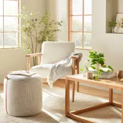 Round Fabric Ottoman with Faux Leather Trim - Cream/Gray Stripes - Hearth & Hand&trade; with Magnolia