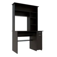 PAGED Computer Desk with Hutch and Bookshelf, Keyboard Tray, Door Panel For CPU, Multiple Shelves and 1 Drawer, Particle Board, Black