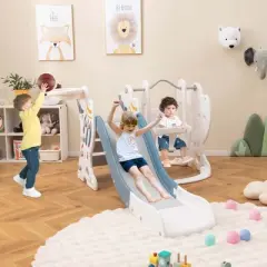 Costway Toddler Slide and Swing Set 4-in-1 Indoor Playground with Extended Slide & Swing Blue/Pink